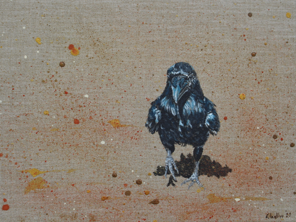 Ein gehender Rabe gemalt mit Acrylfarbe auf natur Leinen mit erhabenen Sprenkel.