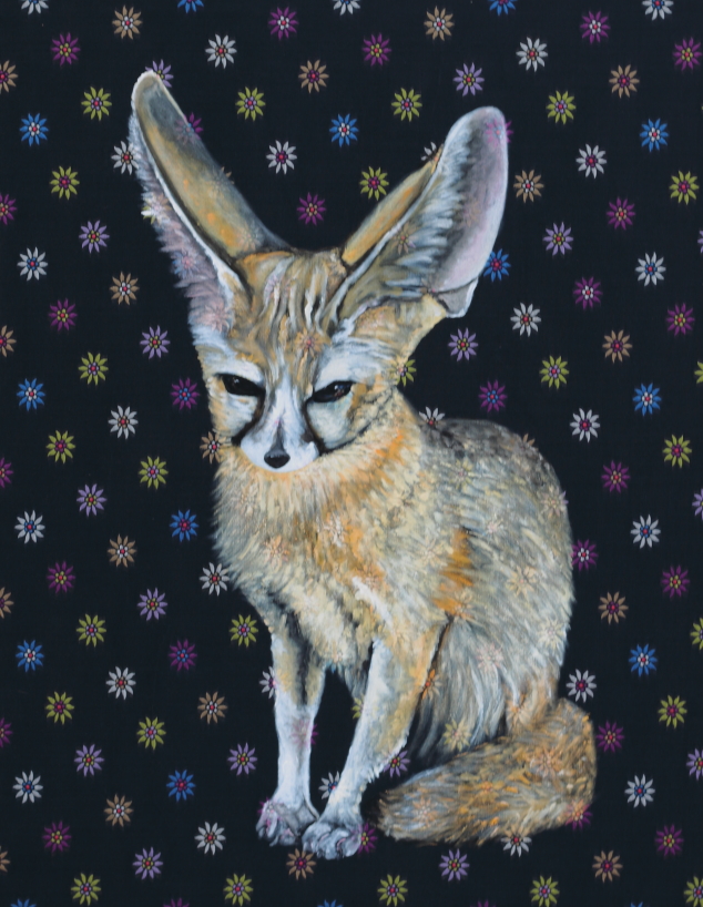 sitzender Wuestenfuchs mit Acryl gemalt auf einem schwarzen Stoff mit farbigen Sternchen