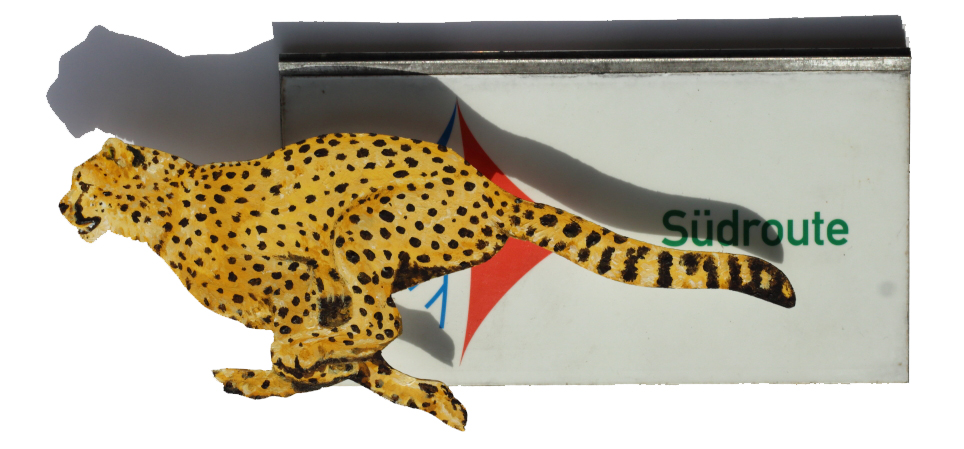 Ein Leopard läuft auf einem Schild auf dem Südroute steht.